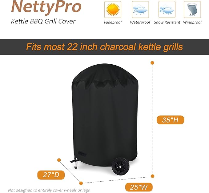 NettyPro Grill Cover for Charcoal Kettle Grill 22 inch, Heavy Duty Waterproof Outdoor Round Smoker Cover, 27" W x 25" D x 35" H, Black