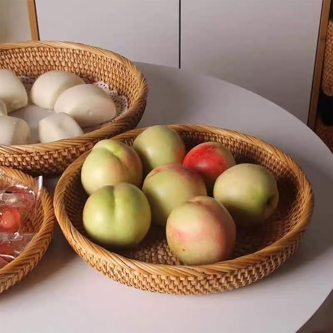 RT&BS Round Rattan Tray, Natural Rattan Decorative Tray, Christmas Food Tray, Handwoven Serving Baskets for Breakfast, Drinks, Snacks (L, Ø9.8 x 2'')