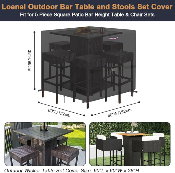 Outdoor Wicker Table Set Cover, Waterproof Cover for 5 Piece Square Patio Bar Height Table & Chair Sets, Heavy Duty Outdoor Bar Tables and Stools Sets Covers - 60"L x 60"W x 38"H