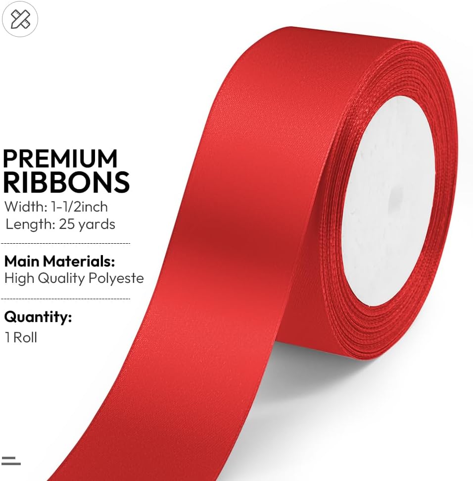 KMER LIFE 1-1/2 Inches x 25 Yards Red Satin Ribbon Solid Fabric Ribbons for Crafts, Wedding Decor, DIY Hair Accessories, Sewing, Gift Package Wrapping, Valentine's Day Bouquet and More