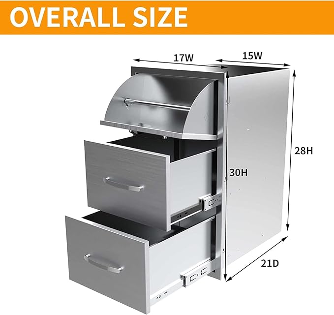 Outdoor Kitchen Drawers, Box Frame Style Flush Mount BBQ Drawer w/Stainless Steel Handle, BBQ Island Drawers For Patio Grill Station,Three Drawers