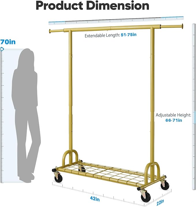 HOKEEPER Clothing Rack Gold Clothes Rack Heavy Duty Garment Rack for Hanging Clothes 525LBS Commercial Clothing Racks with Wheels for Bedroom, Laundry, Balcony, Living Room 22" D x 75" W x 71" H