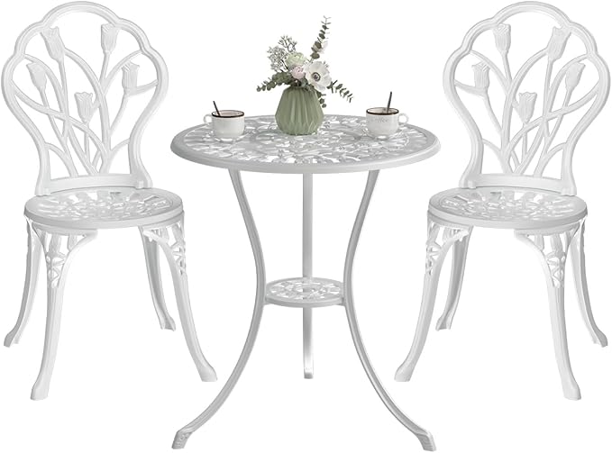Outdoor Bistro Table and Chairs Set of 2, 3 Piece Patio Bistro Set w/Umbrella Hole, Rust-Resistant Cast Aluminum Bistro Set for Garden/Balcony/Backyard, White