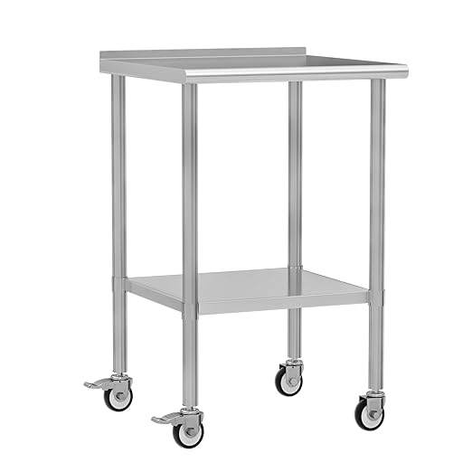 Stainless Steel Work Table with Wheels, 24x24 Inch NSF Food Prep Worktable with Backsplash & Adjustable Undershelf for Commercial Kitchen, Restaurant, Garage, Outdoor BBQ