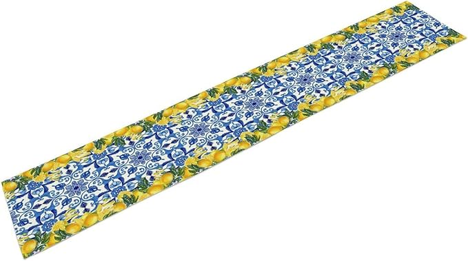 Blue Lemon Table Runner, Italy Tile Yellow Lemon Fruit Table Runners for Farmhouse Coffee Home Kitchen Dining Party Patio Indoor Outdoor 13x36in