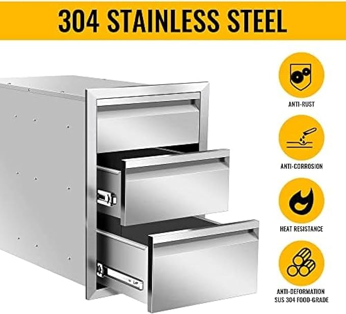 Pull Out Trash Drawer, Lower Sliding Rails Stainless Steel Roll Out Trash Bin Pull Out Tray With Handle For Outdoor Kitchen BBQ Island Grill Station,Three Drawers