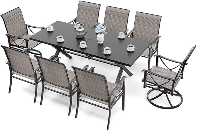 Kurapika 9-Piece Patio Dining Set, Outdoor Large Table with Umbrella Hole, 6 Stationary Chairs and 2 Swivel/Rocking Chairs, Patio Furniture Set for Garden, Deck, Porch, Pool All Weather, Brown