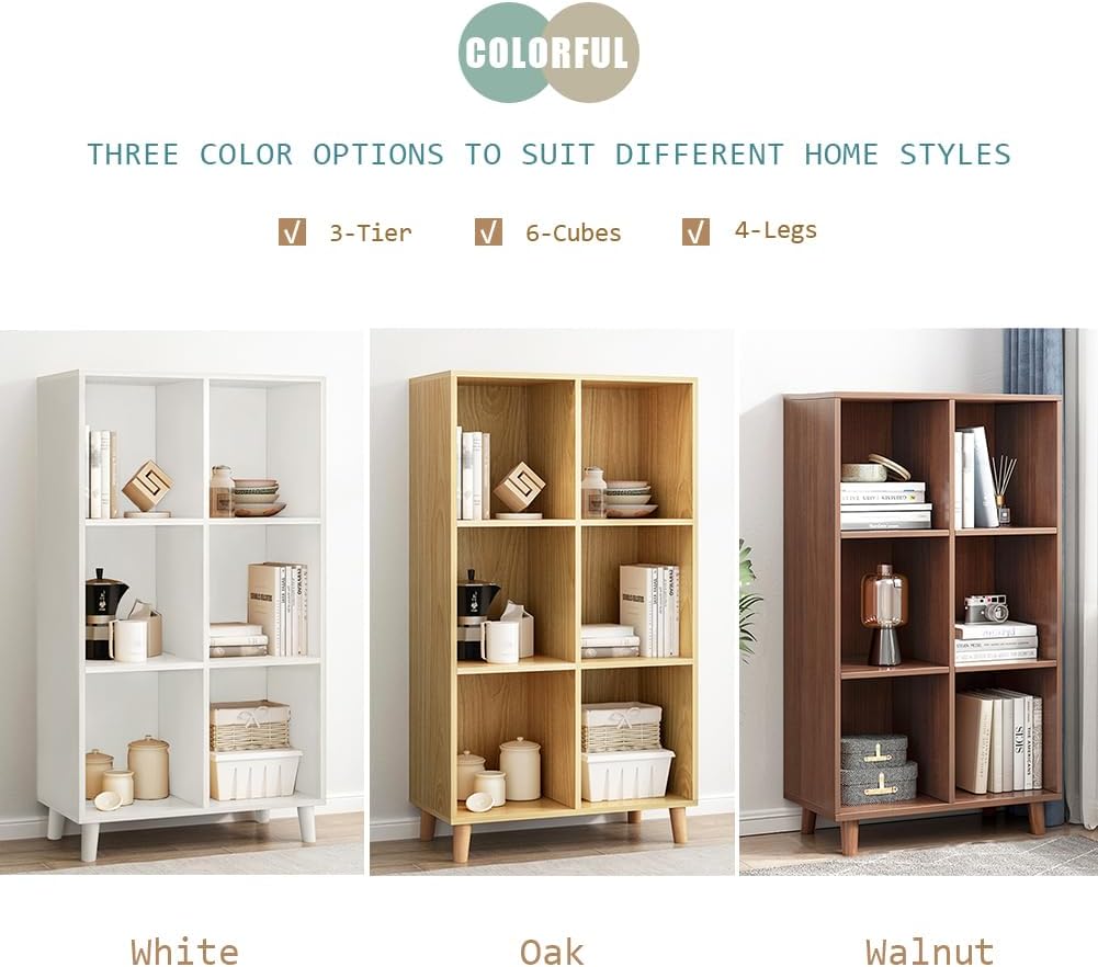 IOTXY Open Cube Low Bookcase - 3-Tier Freestanding Storage Display Cabinet Organizer with Legs for Home Office, 6-Cubes Open Shelf Short Bookshelf, White