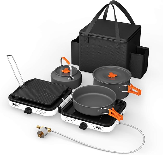 Hisencn Camping Stove,2 Burner Propane Stove,20000 BTU/h Camping Cooking set Includes Frying Pan,Kettle and Pot,Adjustable Burners & Piezo Ignition,Portable stove for camping Outdoor,White