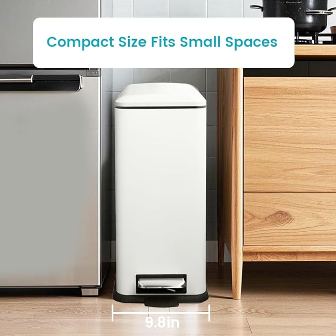 8 Gallon Trash Can with Lid, Stainless Steel Trash Can with Removal Inner Bucket, Soft Close & Stay Open, Step Trash Bin for Kitchen, Office, Laundry, Bathroom, 30 Liter Capacity, White