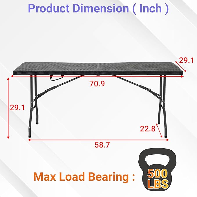 FDW 6FT Folding Table, Portable Fold-in-Half Plastic Picnic Party Table with Carrying Handle （Black Ratten, 6FT）