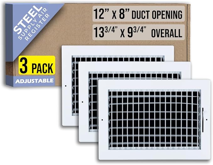 [3 Pack] Fits 12x8 Duct Opening Steel Adjustable Air Supply Grille by Handua | Register Vent Cover Grill for Sidewall and Ceiling | White | Out. Dim.: 13.75" X 9.75"