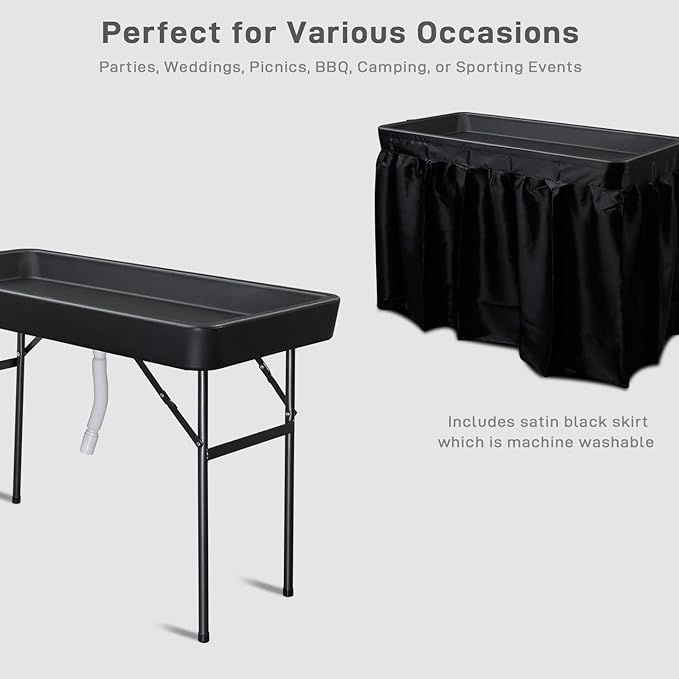 VINGLI 4 Foot Folding Party Ice Cooler, Portable Tailgate Camp Fishing Cleaning Table, Plastic with Matching Skirt, Ice Table for Party, BBQ, Camping, Picnic (Black)