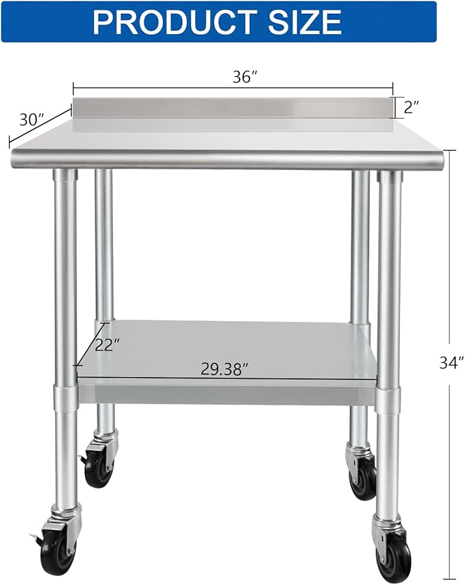 HARDURA Stainless Steel Table 30 x 36 Inches with Wheels Casters NSF Heavy Duty Commercial Prep Table with 2” Backsplash and Adjustable Undershelf for Restaurant Kitchen Home and Hotel