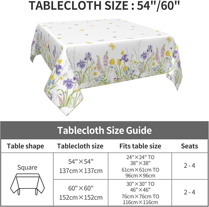 Spring Easter Tablecloth 60 x 60 Inch Square, Bunny Colorful Flower Butterfly Decorative Tablecloths Stain Resistance Polyester Rabbit Floral Table Cloth for Holiday Parties Kitchen Dining