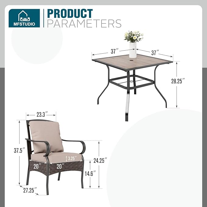 MFSTUDIO 5 Pieces Patio Dining Set, Outdoor 37" Square Wood-Like Table with Chairs, Patio Table and Chairs for 4, All Weather Outdoor Dining Furniture Set, Deck, Porch