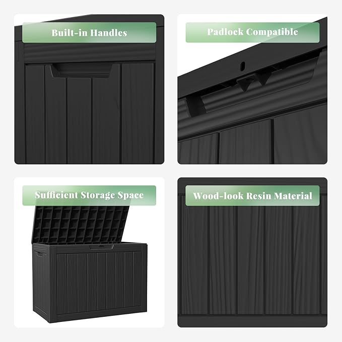 DRATO 45 Gallon Deck Box, Outdoor Storage Box for Patio Furniture, Patio Cushions, Gardening Tools, Pool Supplies 480lbs Weight Capacity,Waterproof Resin Storage Boxes（Black，45 Gallon）