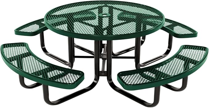 COATEDOUTDOORFURNITURE Heavy-Duty Portable Outdoor Kids Table with Umbrella Hole, Expanded Metal Kids Picnic Table, Commercial-Grade, Made in America (46 in, Round, Childrens, Textured Green)