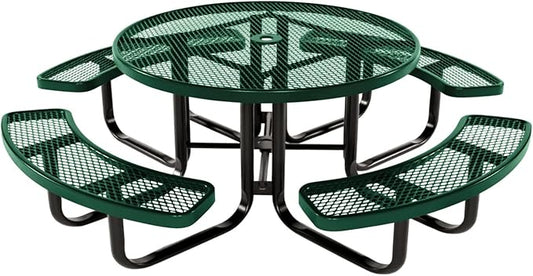 COATEDOUTDOORFURNITURE Heavy-Duty Portable Outdoor Kids Table with Umbrella Hole, Expanded Metal Kids Picnic Table, Commercial-Grade, Made in America (46 in, Round, Childrens, Textured Green)
