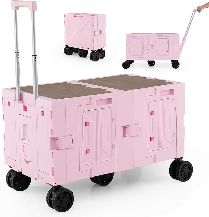 Goplus Large Foldable Utility Cart w/ 2-Tier Storage Crates, 5 Rotate Wheels, Metal Telescoping Handle, Portable Rolling Trolley Collapsible Cart for Grocery Shopping Camping & Travel
