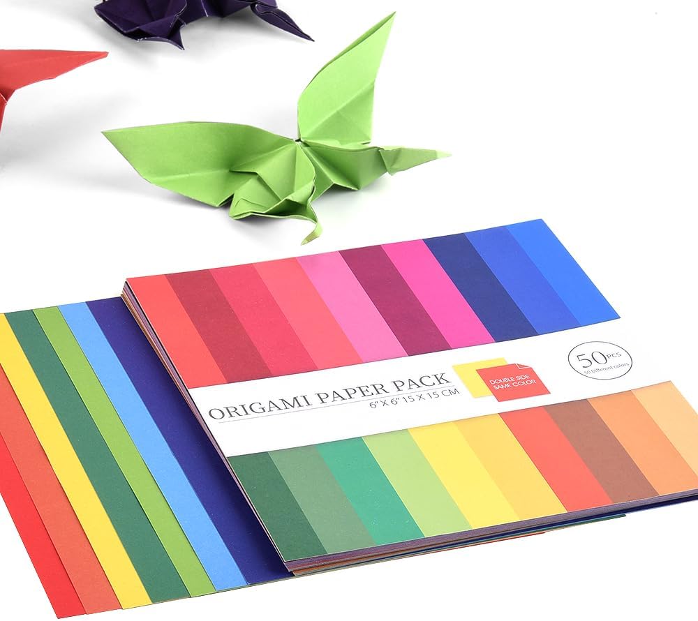 Origami Paper Kit 100 Sheets 70GSM 6 Inch Square Double Sided Color 50 Vivid Solid Colors for Hand Crafts Origami Paper Arts Creativity. Solid Color