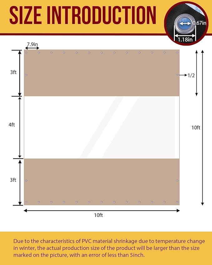 FoundGo 10'H x 10'W Vinyl Curtains for Patio 19oz, Outdoor Clear Vinyl Patio Enclosure,Heavy Duty Clear Tarp Waterproof PVC Tarps with Grommets for Pergola, Balcony,Porch,Gazebos，-4℉ Cold Resistant