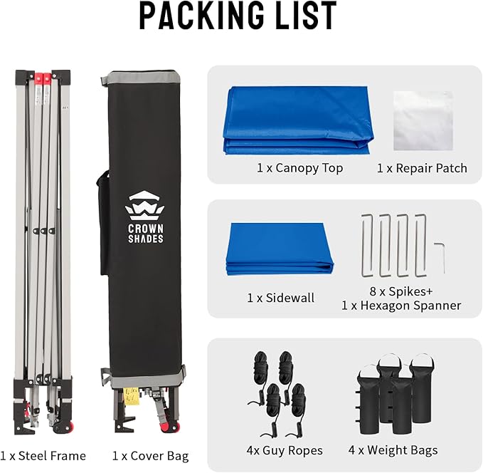 CROWN SHADES 12x12 Pop Up Canopy Tent Instant Commercial with 150D Silver Coated Fabric Including 1 Removable Sidewall, 4 Ropes, 8 Stakes, Weight Bags, STO 'N Go Bag, Blue