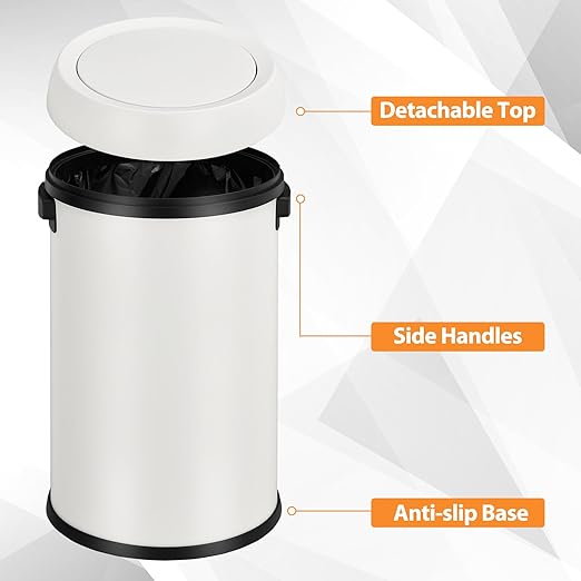 GarveeHome 17 gal/65 L Swing Top Trash Can, Stainless Steel Rubbish Bin, Commercial Grade Waste Container, Round Garbage Can for Outdoor, Home Office, Restaurant, White