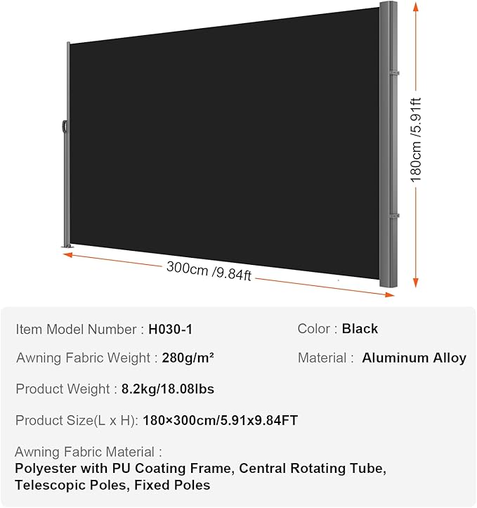 VEVOR Retractable Side Awning, UV 50 118" x 71" Retractable Patio Screen Waterproof, 280 g Thicken Folding Room Divider Wind Screen for Privacy, Garden, Outdoor, Patio and Terrace, Black