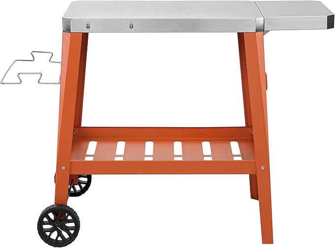 Movable Outdoor Grill Table Cart, Pizza Oven Stand with Wheels, Stainless Steel Countertop with Foldable Extension Table, Versatile Food Prep Grill Cart for Outdoor BBQ Cooking