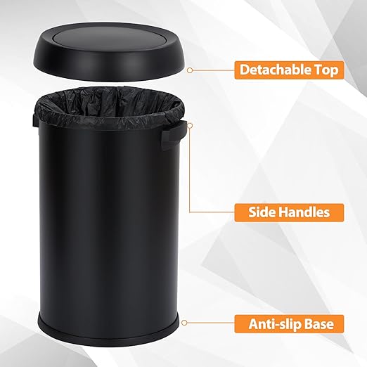 GarveeHome 17 gal/65 L Swing Top Trash Can, Stainless Steel Rubbish Bin, Commercial Grade Waste Container, Round Garbage Can for Outdoor, Home Office, Restaurant, Black