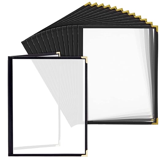 Juvale Clear Menu Covers 8x11 in 4 View - 12-Pack, Letter Size Black PU Leather - Double Panel Clear Sleeves & Gold Metal Corners - Menu Holders for Restaurants & Bars