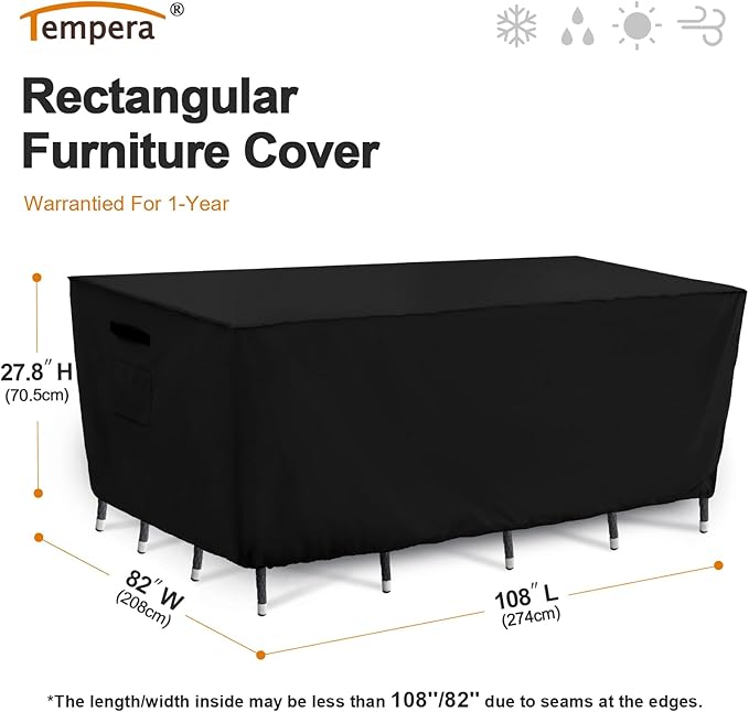 Tempera Retangle Patio Furniture Cover,Outdoor Table Covers Waterproof, Outdoor Dining Set Cover,Heavy Duty Deck Patio Furniture Covers,108''L x 82''W x 27.8''H,Black