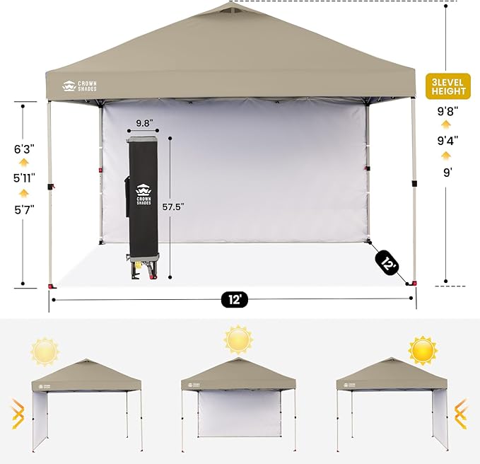 CROWN SHADES 12x12 Pop Up Canopy Tent Instant Commercial with 150D Silver Coated Fabric Including 1 Removable Sidewall, 4 Ropes, 8 Stakes, Weight Bags, STO 'N Go Bag, Beige