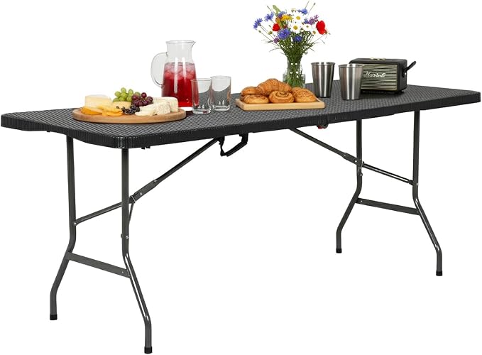 FDW 6FT Folding Table, Portable Fold-in-Half Plastic Picnic Party Table with Carrying Handle （Black Ratten, 6FT）