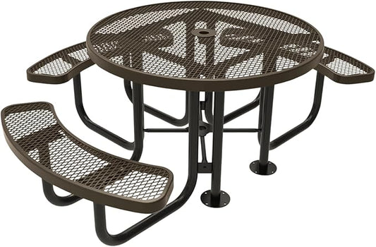 COATEDOUTDOORFURNITURE Heavy-Duty Portable Outdoor Picnic Table with Umbrella Hole, Expanded Metal Patio Dining Furniture Made in America (46" Round Top, Textured Brown)