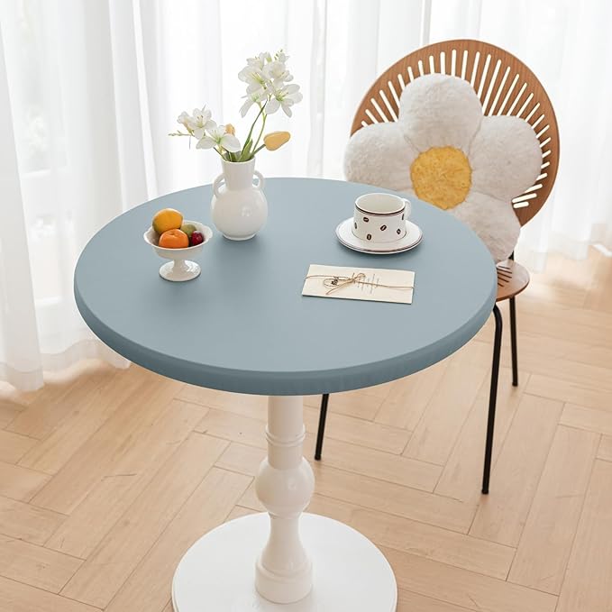 Round Fitted PU Tablecloth with High Elastic Edge 31 Inch Dia Waterproof Oil Proof Table Cloth Anti-Scald Stain-Resistant Wipeable Table Cover for Indoor Outdoor Picnic (Blue,31" Dia)