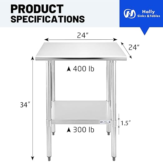 Hally Sinks & Tables H Stainless Steel Table for Prep & Work 24 x 24 Inches, NSF Commercial Heavy Duty Table with Undershelf and Galvanized Legs for Restaurant, Home and Hotel