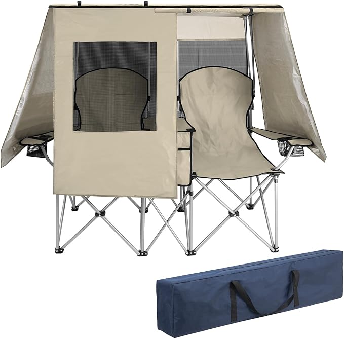 BESTHLS Double Camping Chair with Canopy Shade - Heavy Duty 600D Outdoor Loveseat for Adults, 2-Person Beach Chair with Umbrella, Folding Camp Loveseat for Fishing, Sports, Patio (White)