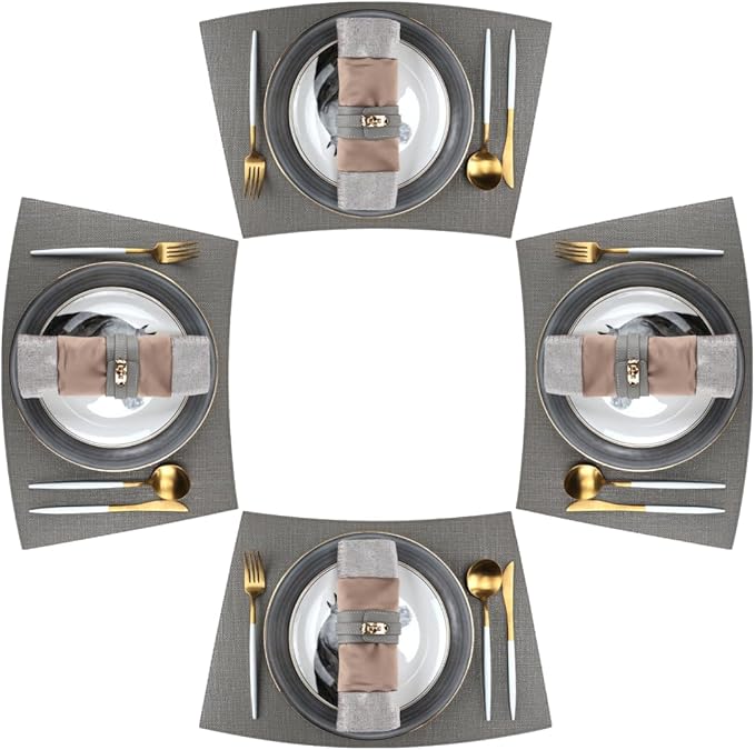 Faux Leather Waterproof Placemats Set of 4, Heat Resistant Reversible PU Place Mats, Dining Table Mats for Indoor Outdoor (Round Table, Grey)