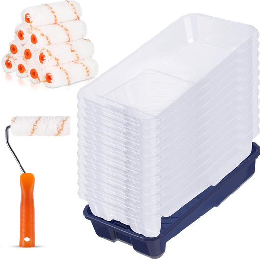 Qilery 32 Pcs Paint Roller Tray Kit 4 Inch Small Paint Roller Includes 20 Pcs Disposable Liners and Tray, 10 Piece Covers Replacement, Frame with Handle for Home Wall Furniture Craft Work Supplies