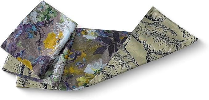 Double-Sided Table Runner - Reversible Oil Painting & Banana Leaf Design, Waterproof Linen Cotton for Dining Table Decor, Holiday Home Decoration（Pruple）