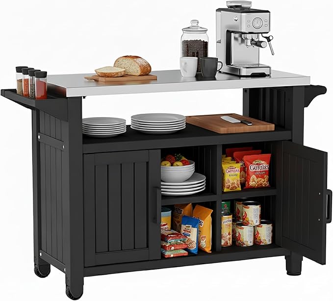 Kitchen Island Cart, 54" Outdoor Indoor Rolling Patio Serving Table with Stainless Steel Top, All-Weather Resin Cabinet with Storage & Wheels for BBQ Party, Black
