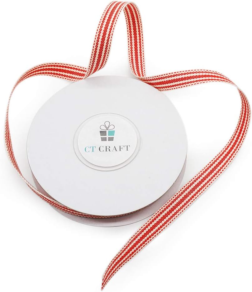 CT CRAFT LLC Ivory Cotton Red Stripes Ribbon 3/8" x 10 Yards for Home Décor Gift Present Wrapping DIY Crafts Birthday Wedding Bouquet Christmas