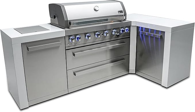 Mont Alpi 805 6-Burner 115000 BTU MAi805-D90 L-shaped Stainless Steel Deluxe Modular Outdoor Kitchen BBQ Island Grill, Infrared Rear & Side Burner, Granite Countertops, Storage, Rotisserie Kit & Cover
