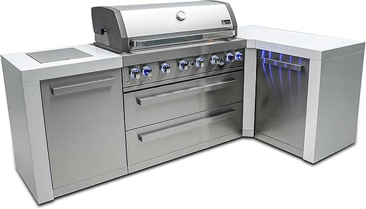 Mont Alpi 805 6-Burner 115000 BTU MAi805-D90 L-shaped Stainless Steel Deluxe Modular Outdoor Kitchen BBQ Island Grill, Infrared Rear & Side Burner, Granite Countertops, Storage, Rotisserie Kit & Cover