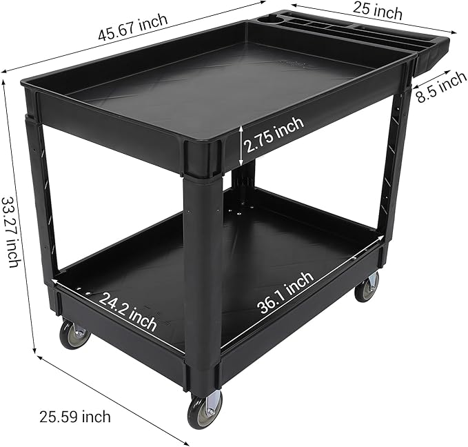 Utility Service Cart with Wheels and Two Trays, Service Cart 2-Shelf 500lbs, Rolling Utility Cart for Warehouse/Garage/Cleaning/Manufacturing, 2 Tier Heavy Duty Uline Tool Cart, 45"X25", Black