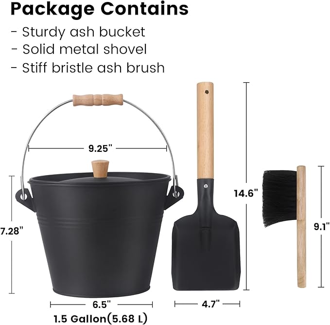 GameXcel Ash Bucket with Lid and Shovel Hand Broom - 1.5 Gallon Galvanized Iron Metal Fireplace Tools Ash Pail for Fire Places Fire Pits Wood Burning Stoves Hearth Accessories Indoor Outdoor, Black