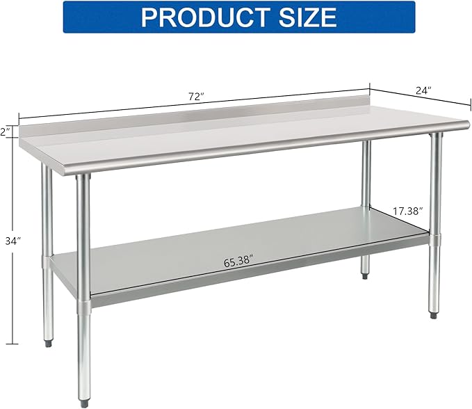 HARDURA Stainless Steel Table Prep & Work Table 24 x 72 Inches NSF Heavy Duty Commercial with Undershelf and Backsplash for Restaurant Kitchen Home and Hotel