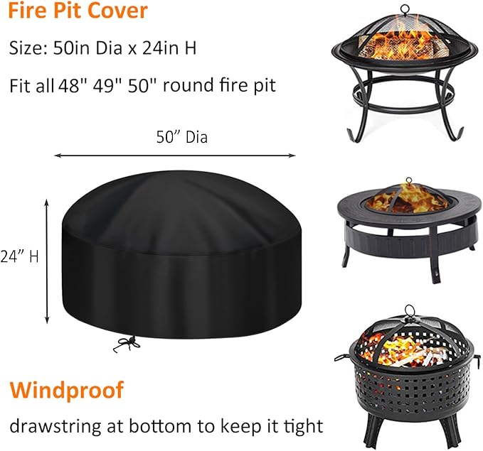 50 Inch Fire Pit Cover for 48-50 in Round Fire Pit, Heavy Duty 300D Oxford Fabric Waterproof Dustproof Fire Bowl Cover All-Season Protection 50" Dia x 24" H